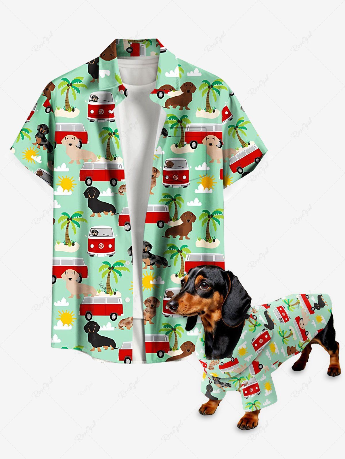 Coconut Tree Dog Bus Sun Cloud Print Hawaii Shirts Dog and Owner Matching Outfits