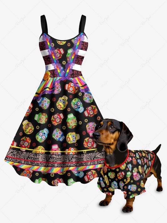 Halloween Skulls Flowers Print T-shirt and Tank Dress Dog and Owner Matching Outfits