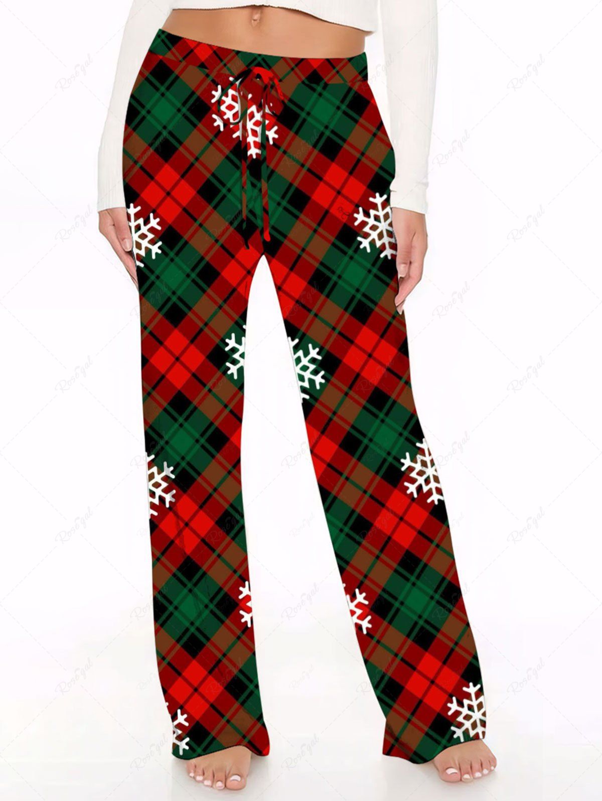 Plus Size Christmas Plaid Snowflake Print Drawstring Wide Leg Pants