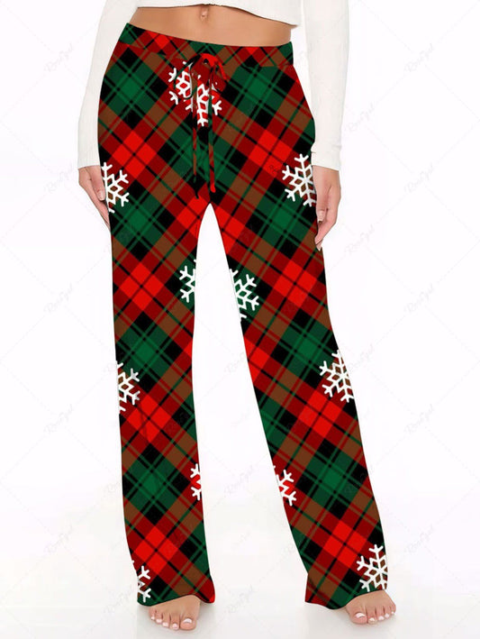 Plus Size Christmas Plaid Snowflake Print Drawstring Wide Leg Pants