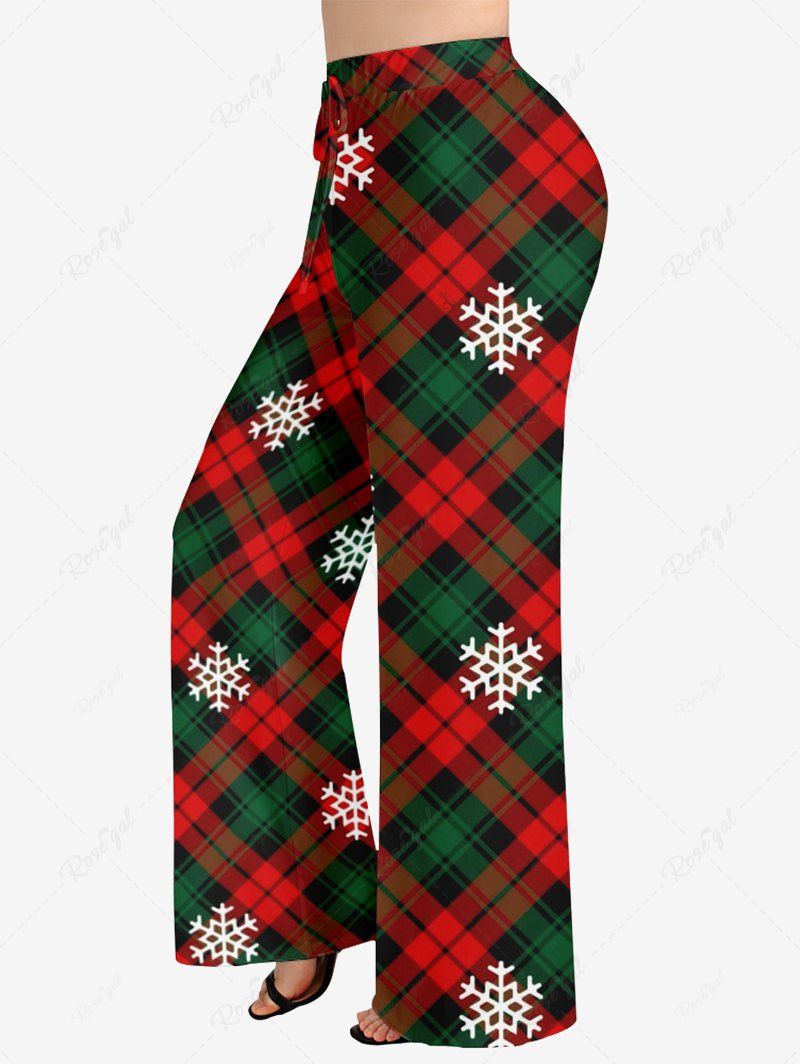 Plus Size Christmas Plaid Snowflake Print Drawstring Wide Leg Pants
