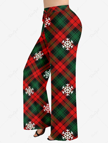 Plus Size Christmas Plaid Snowflake Print Drawstring Wide Leg Pants