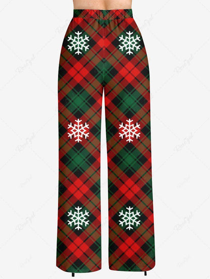 Plus Size Christmas Plaid Snowflake Print Drawstring Wide Leg Pants