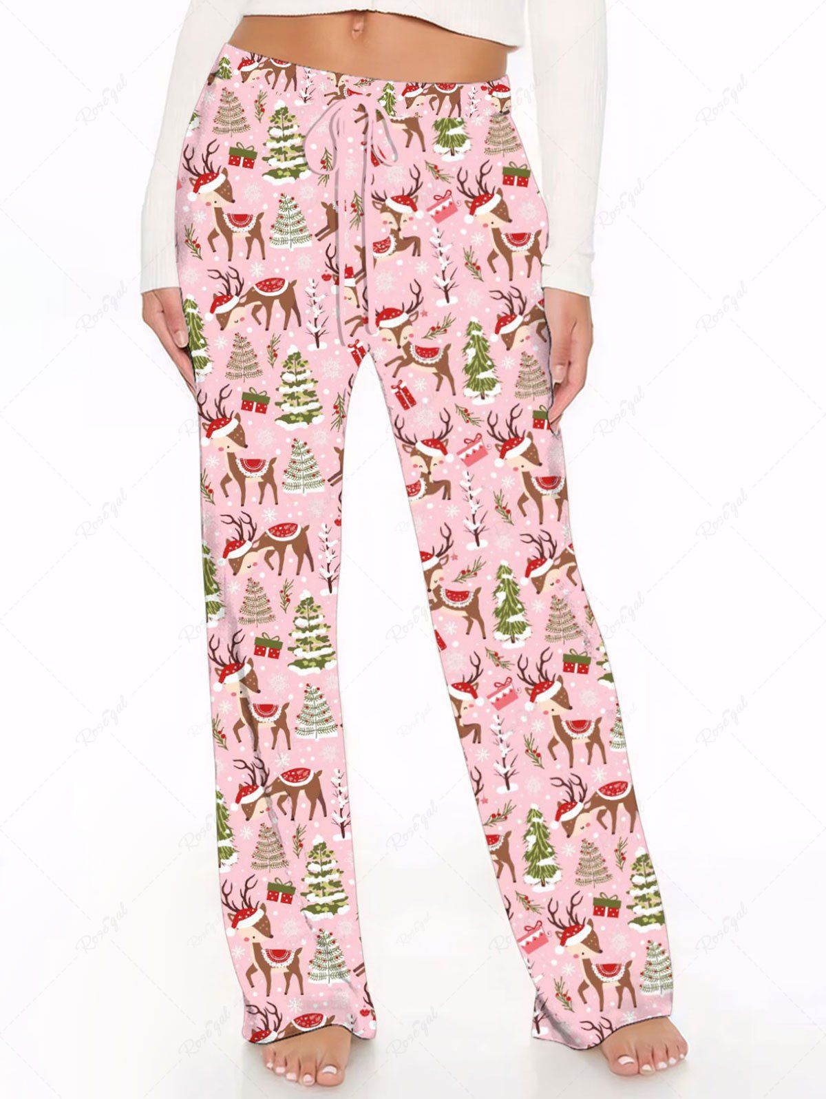 Plus Size Christmas Tree Elk Hat Print Drawstring Wide Leg Pants