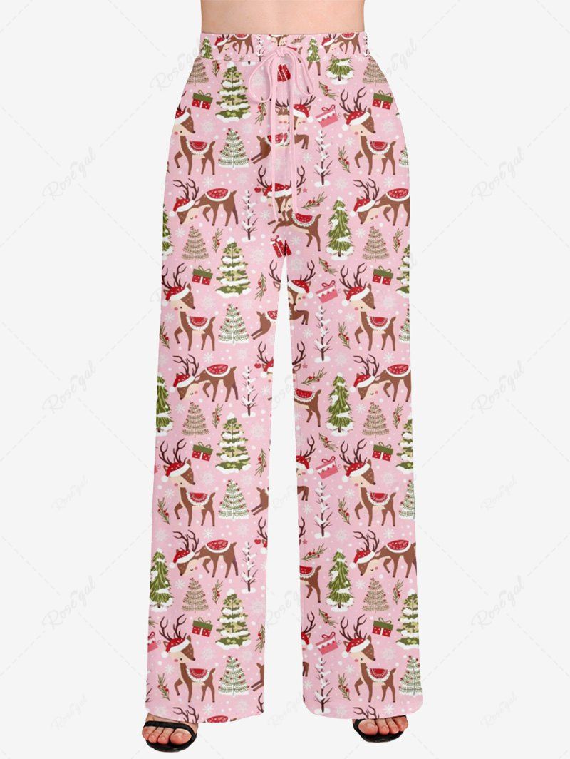 Plus Size Christmas Tree Elk Hat Print Drawstring Wide Leg Pants