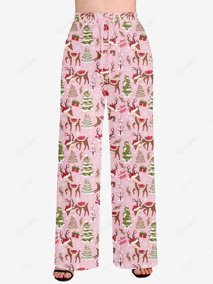 Plus Size Christmas Tree Elk Hat Print Drawstring Wide Leg Pants