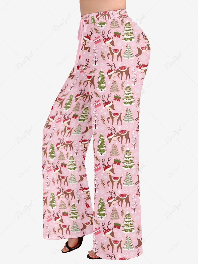 Plus Size Christmas Tree Elk Hat Print Drawstring Wide Leg Pants