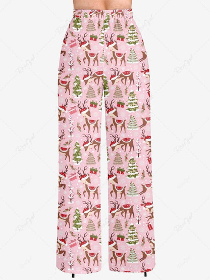 Plus Size Christmas Tree Elk Hat Print Drawstring Wide Leg Pants