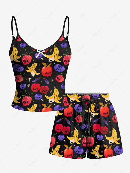 Cartoon Banana Strawberry Blueberry Cute Fruit Print Cami Top and Drawstring Shorts Pajama Set