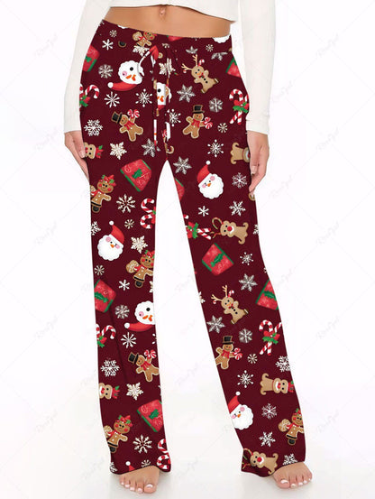 Plus Size Christmas Santa Claus Snowflake Gingerbread Candy Print Drawstring Wide Leg Pants