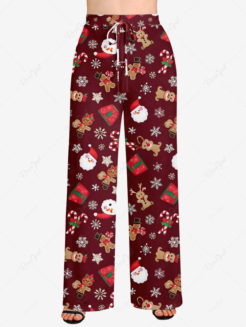 Plus Size Christmas Santa Claus Snowflake Gingerbread Candy Print Drawstring Wide Leg Pants