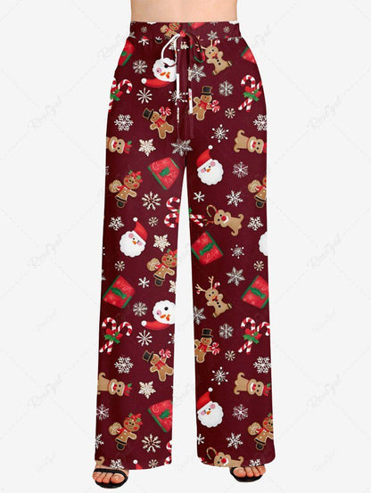 Plus Size Christmas Santa Claus Snowflake Gingerbread Candy Print Drawstring Wide Leg Pants