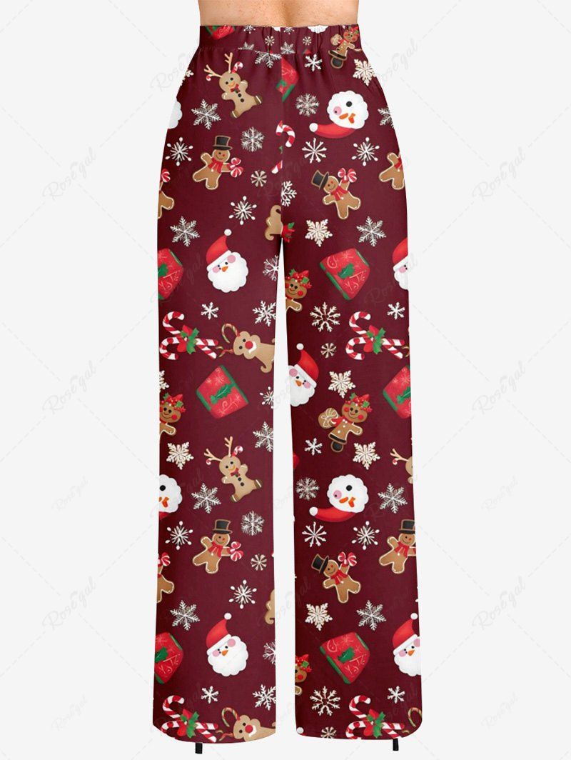 Plus Size Christmas Santa Claus Snowflake Gingerbread Candy Print Drawstring Wide Leg Pants