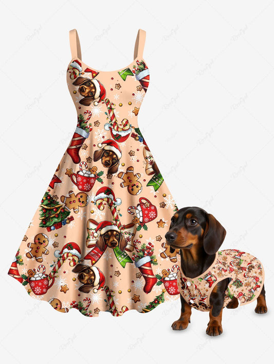 Christmas Stocking Gingerbread Hat Candy Dog Print Dreses Dog and Owner Matching Outfits