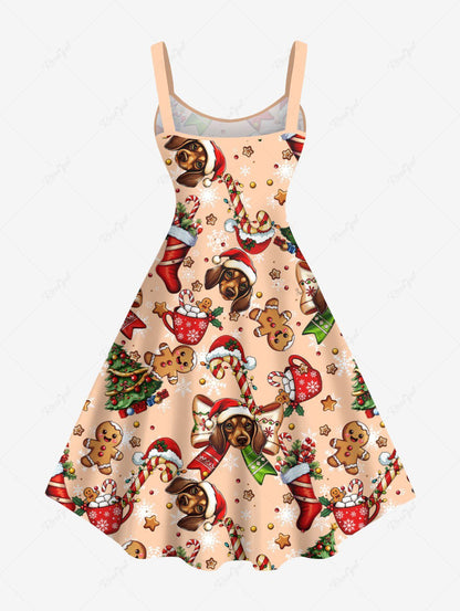 Plus Size Christmas Stocking Gingerbread Hat Candy Dog Print Tank Dress