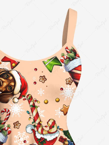 Plus Size Christmas Stocking Gingerbread Hat Candy Dog Print Tank Dress