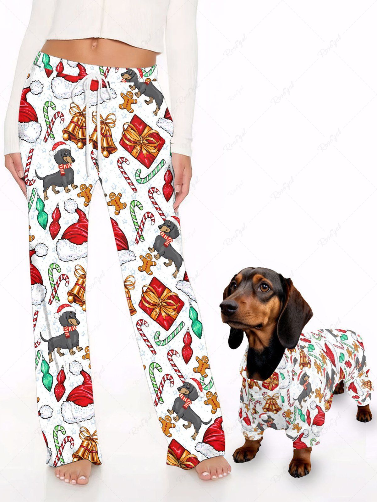 Christmas Hat Candy Bell Gift Box Gingerbread Dog Print Pajama and Wide Leg Pants Dog and Owner Matching Outfits