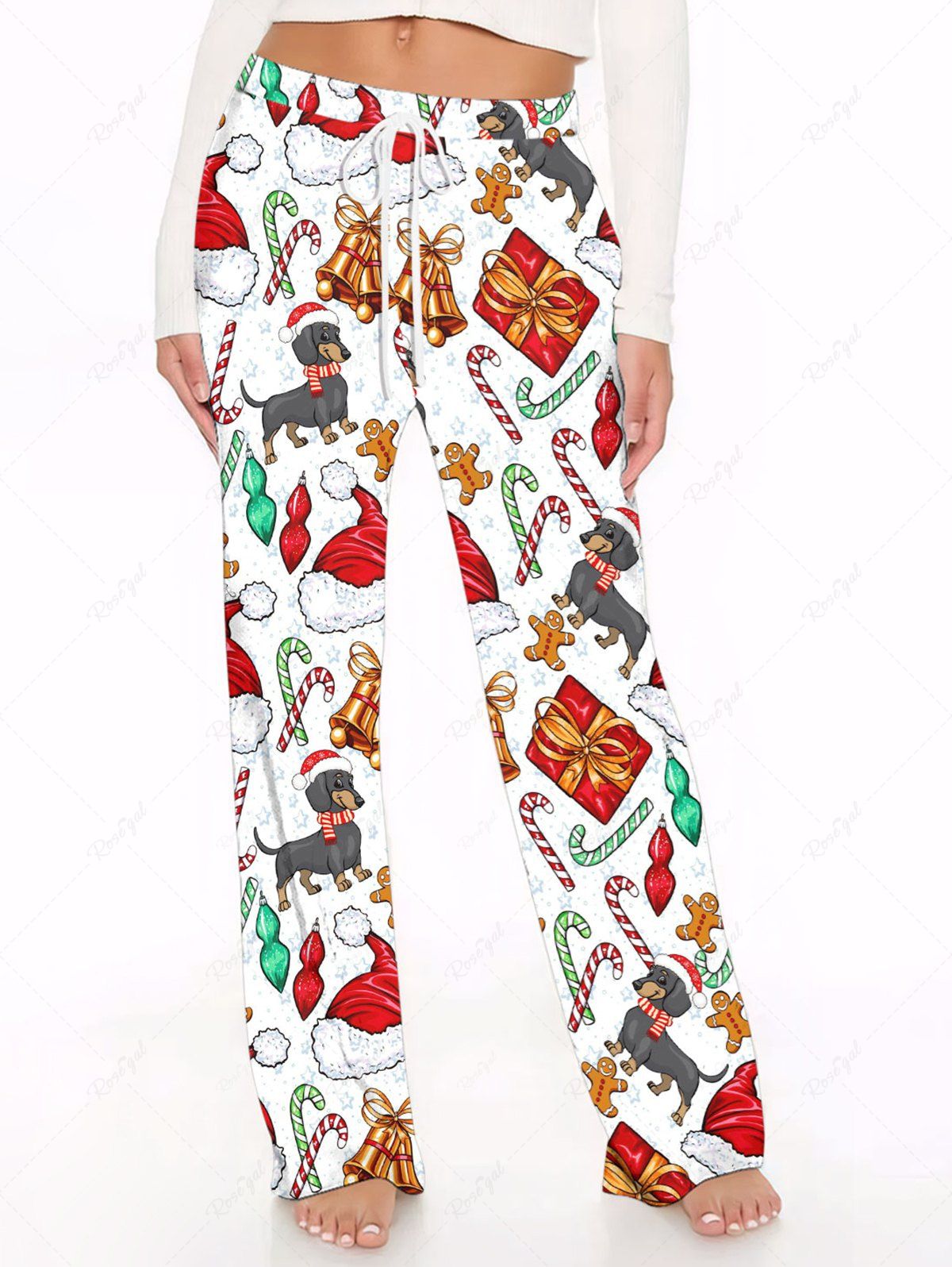 Christmas Hat Candy Bell Gift Box Gingerbread Dog Print Pajama and Wide Leg Pants Dog and Owner Matching Outfits