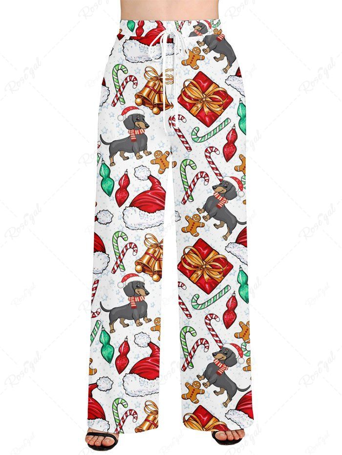 Plus Size Christmas Hat Candy Bell Gift Box Gingerbread Dog Print Drawstring Wide Leg Pants