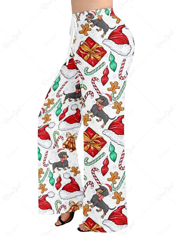 Plus Size Christmas Hat Candy Bell Gift Box Gingerbread Dog Print Drawstring Wide Leg Pants