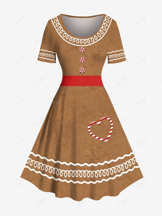 Plus Size Christmas Gingerbread Candy Heart Print Vintage Dress