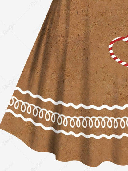 Plus Size Christmas Gingerbread Candy Heart Print Vintage Dress
