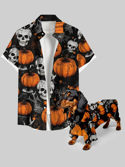 Halloween Costume Pumpkin Skulls Bat Spider Web Printed Dog and Owner Matching Outfits