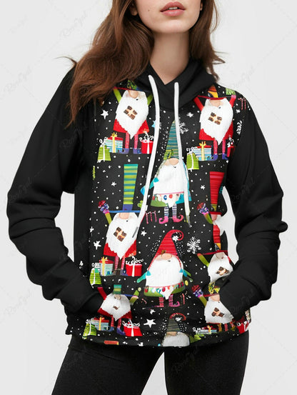 Plus Size Christmas Santa Claus Gift Box Star Snowflake Printed Pocket Drawstring Hoodie