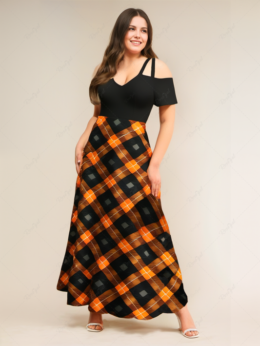 Plus Size Ombre Geometric Plaid Printed Crisscross A Line Maxi Dress