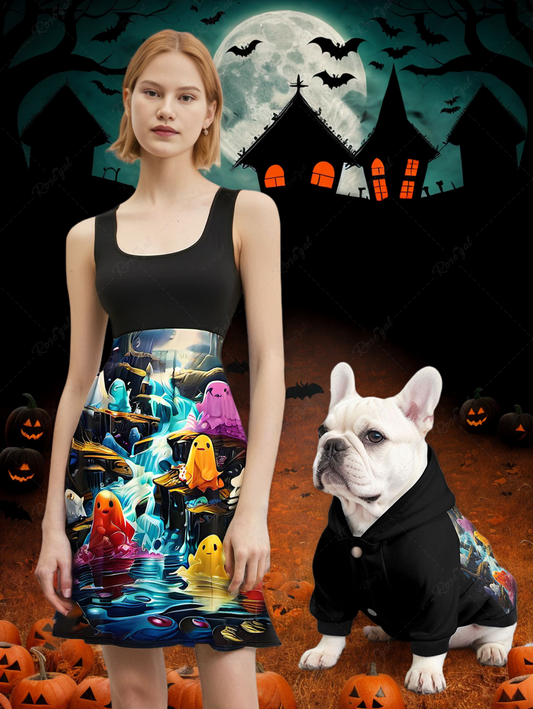 Halloween Costume Cute Ghost Mountain River Print Dog And Owner Matching Outfits