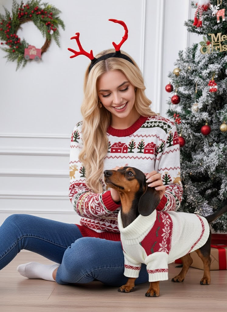 Pull à rayures géométriques avec motif d'élan, de flocon de neige et de sapin de Noël pour chien et propriétaire 