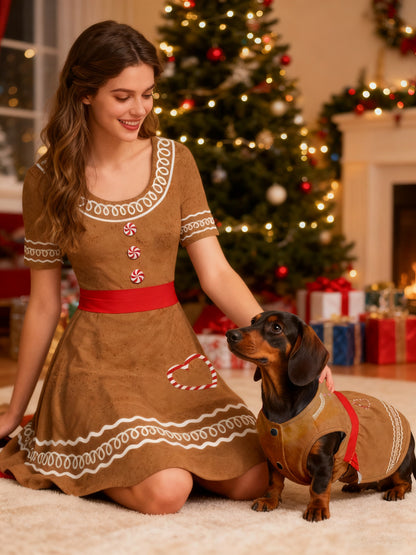 Christmas Gingerbread Candy Heart Print Dresses Dog and Owner Matching Outfits