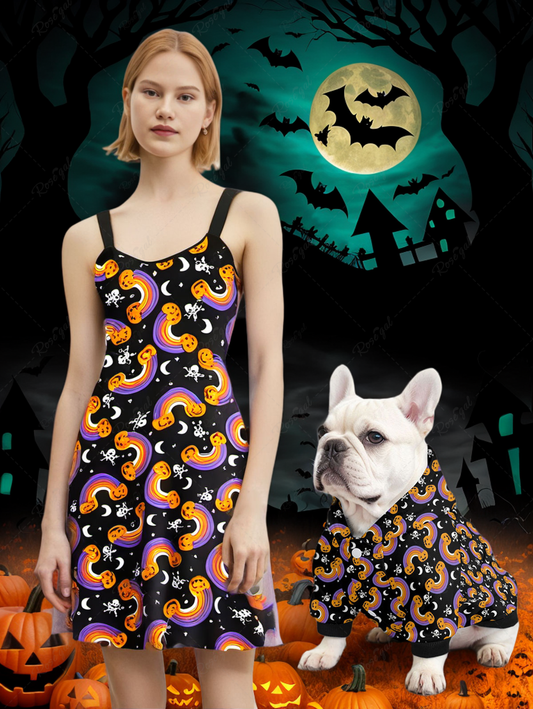 Halloween Costume Pumpkin Rainbow Star Moon Skulls Print Dog And Owner Matching Outfits