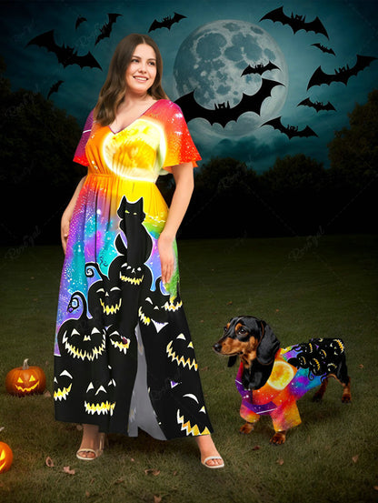 Halloween Costume Cat Pumpkin Glitter Moon Colorful Ombre Galaxy Print Dog And Owner Matching Outfits