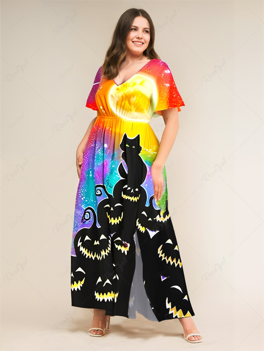 Plus Size Cat Pumpkin Glitter Moon Colorful Ombre Galaxy Printed Halloween Costume Split Pocket Midi Dress